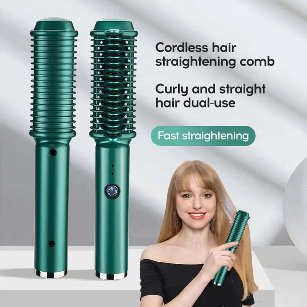 Dual-Purpose Electric Hair Comb for Curling & Straightening with user demonstrating styling.