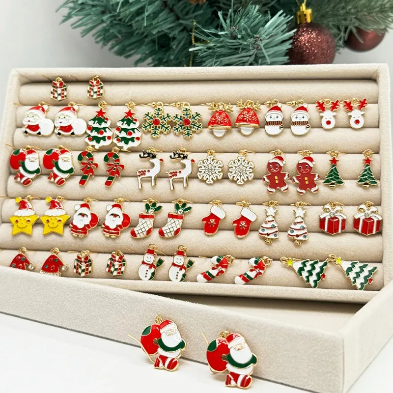 25Pairs/5Pairs Christmas Series Earrings Cartoon Santa Claus Gingerbread Man Snowflake Alloy Earrings Set Women Christmas Gifts