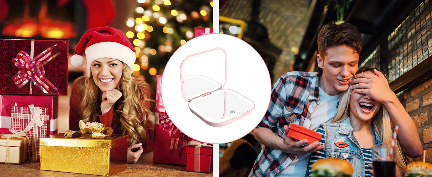 Compact Mini Gift Vanity Folding Cosmetic Mirror with Lights Portable Hand Held Small Pocket Travel Makeup Mirror 2X magnifying