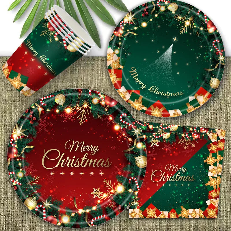 Christmas Party Supplies,Disposable Party Dinnerware Include Paper Party Plates, Cups, Napkins, Tablecloth
