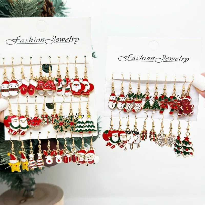 25Pairs/5Pairs Christmas Series Earrings Cartoon Santa Claus Gingerbread Man Snowflake Alloy Earrings Set Women Christmas Gifts