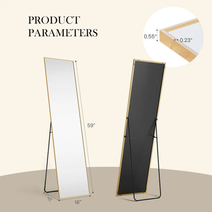 JHK Full Body Wall Mirror 59"x16"/64"x21" Standing or Wall-Hanging with Stand Aluminum Alloy Frame Bedroom Cloakroom Decoration