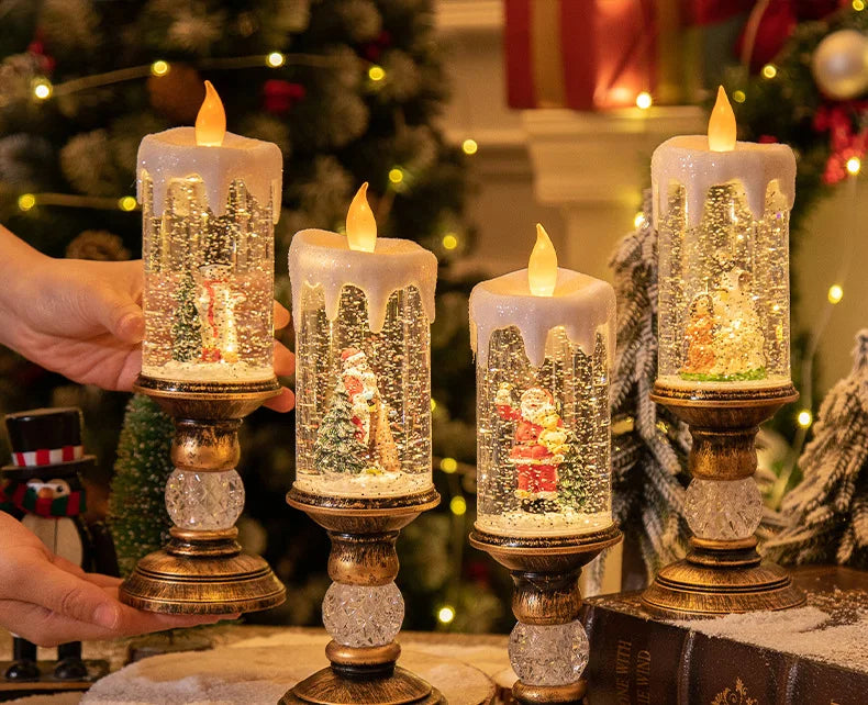 Christmas decorations: candles, crystal lights, cartoon snowflakes, birthday and Christmas gifts, scene setups
