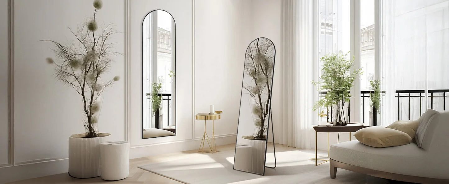 JHK Full Body Wall Mirror 59"x16"/64"x21" Standing or Wall-Hanging with Stand Aluminum Alloy Frame Bedroom Cloakroom Decoration