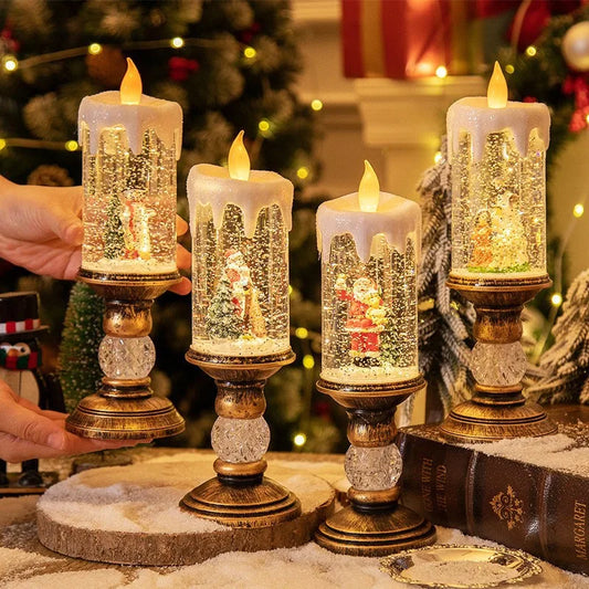 Christmas decorations: candles, crystal lights, cartoon snowflakes, birthday and Christmas gifts, scene setups