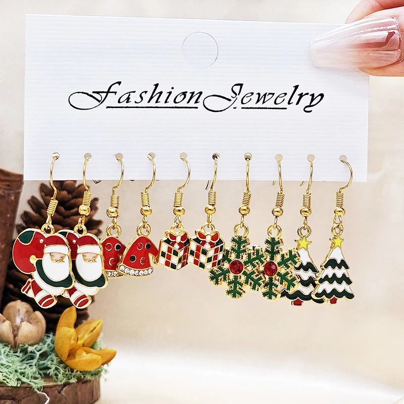 25Pairs/5Pairs Christmas Series Earrings Cartoon Santa Claus Gingerbread Man Snowflake Alloy Earrings Set Women Christmas Gifts