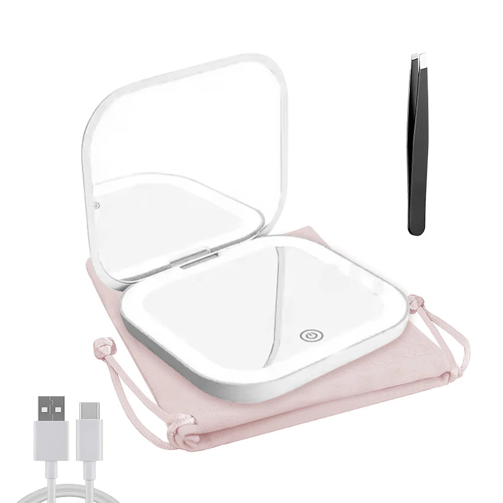 Compact Mini Gift Vanity Folding Cosmetic Mirror with Lights Portable Hand Held Small Pocket Travel Makeup Mirror 2X magnifying