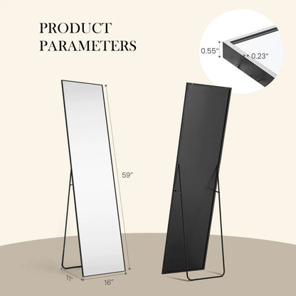 JHK Full Body Wall Mirror 59"x16"/64"x21" Standing or Wall-Hanging with Stand Aluminum Alloy Frame Bedroom Cloakroom Decoration