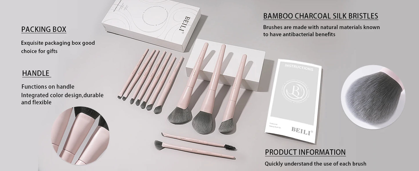 BEILI 12/15 PCS Professional Makeup Brushes Sets Vegan Premium Cosmetics Tool Kakubi Podwer Angled Contour Blush Eyeshadow Brush