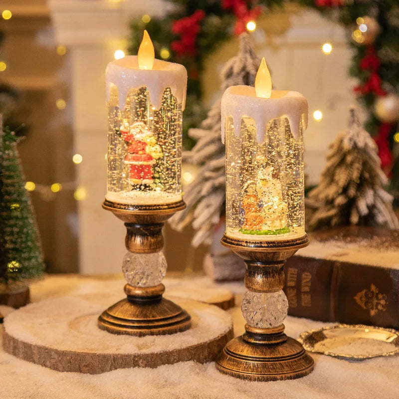 Christmas decorations: candles, crystal lights, cartoon snowflakes, birthday and Christmas gifts, scene setups