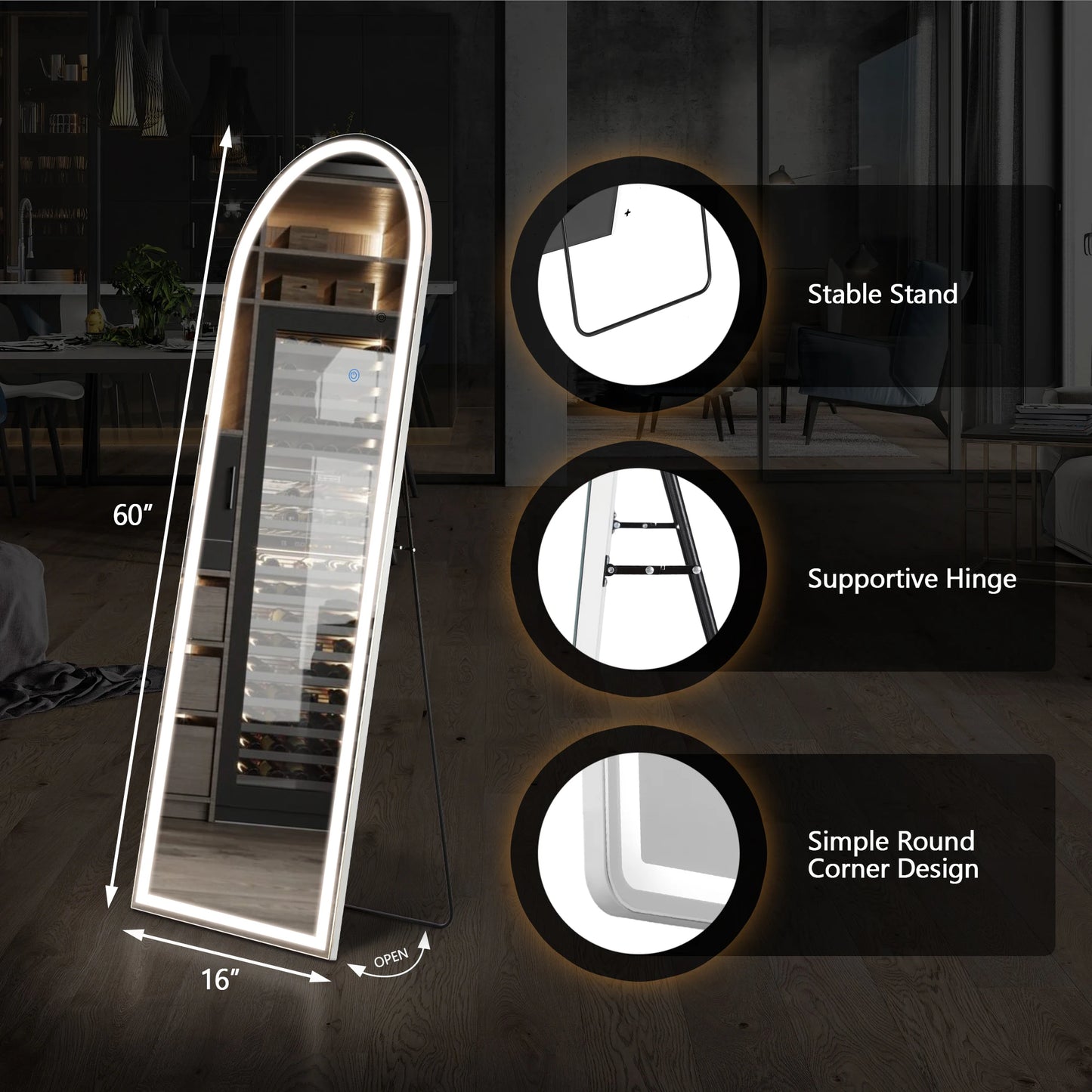 JHK Full Body Wall Mirror 59"x16"/64"x21" Standing or Wall-Hanging with Stand Aluminum Alloy Frame Bedroom Cloakroom Decoration
