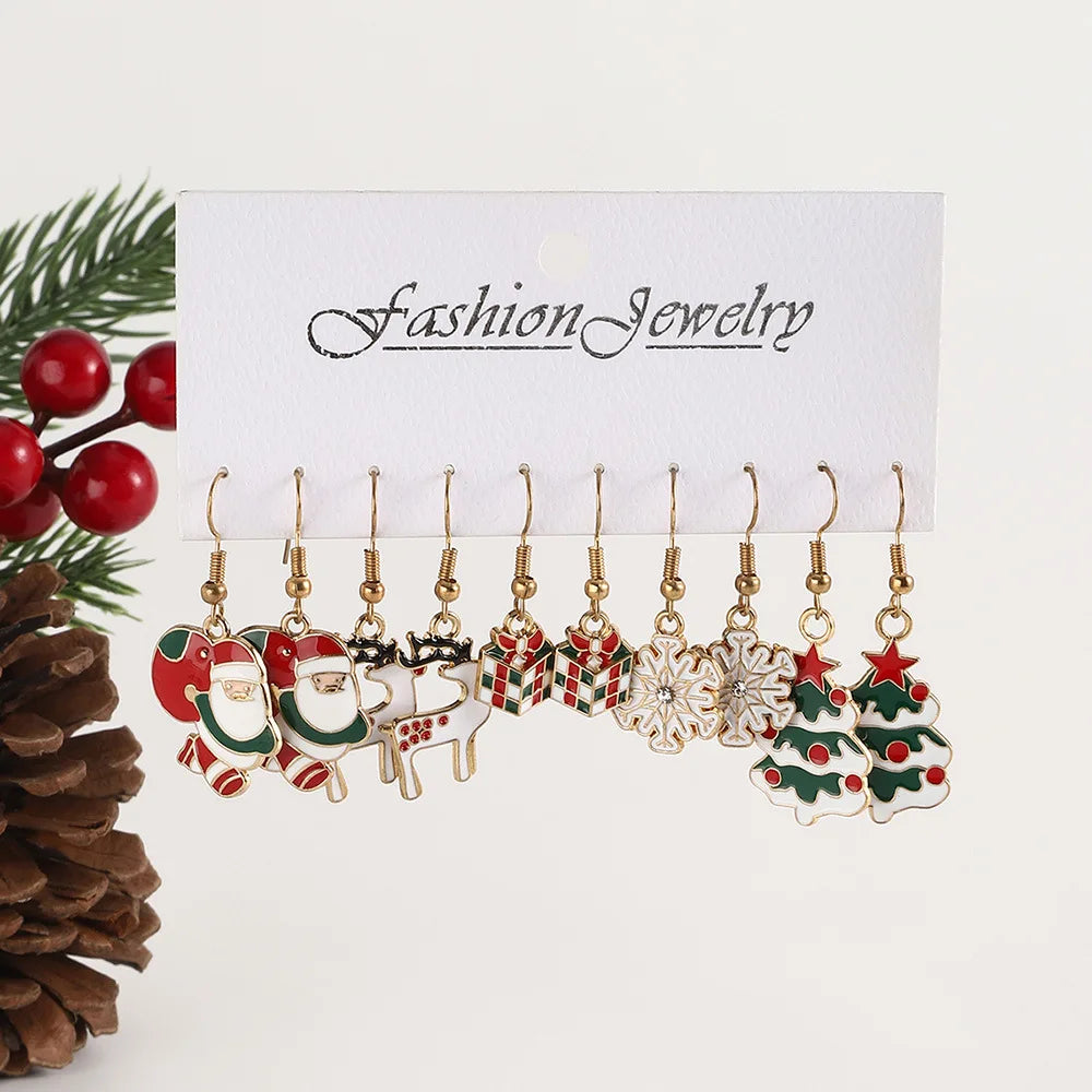 25Pairs/5Pairs Christmas Series Earrings Cartoon Santa Claus Gingerbread Man Snowflake Alloy Earrings Set Women Christmas Gifts