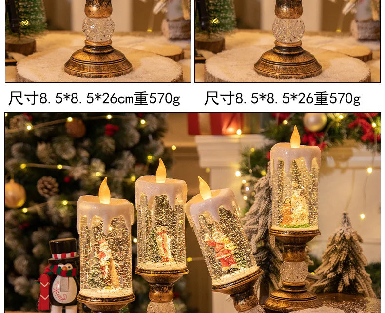Christmas decorations: candles, crystal lights, cartoon snowflakes, birthday and Christmas gifts, scene setups