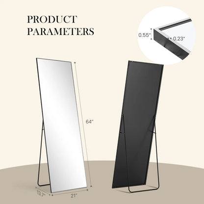 JHK Full Body Wall Mirror 59"x16"/64"x21" Standing or Wall-Hanging with Stand Aluminum Alloy Frame Bedroom Cloakroom Decoration