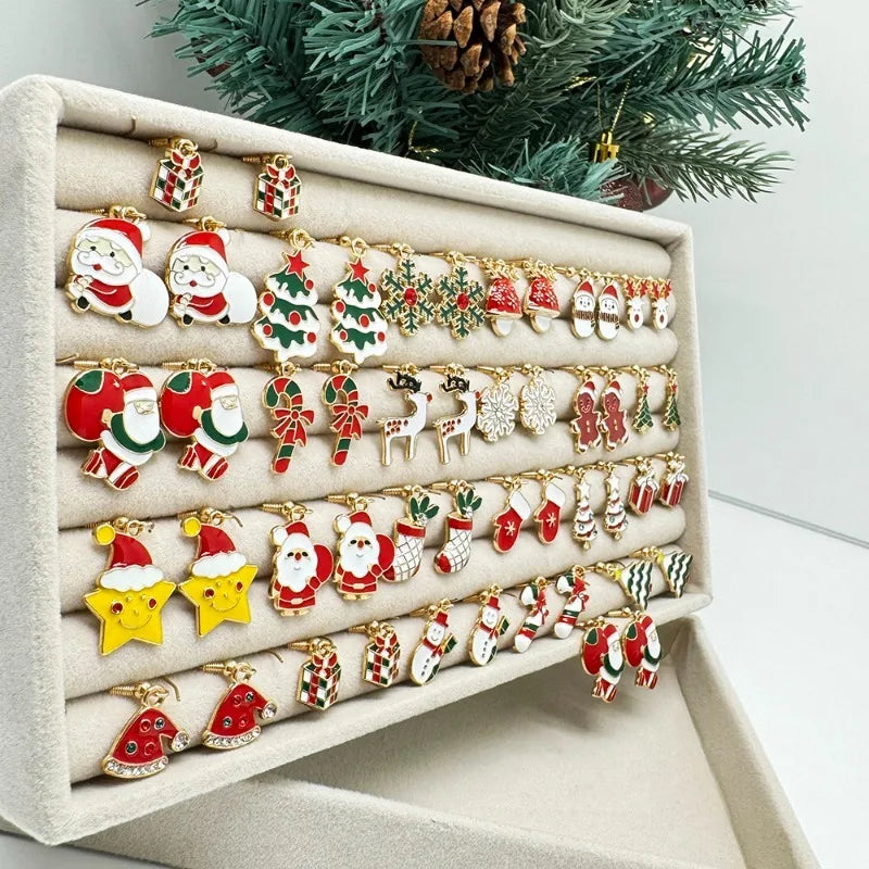 25Pairs/5Pairs Christmas Series Earrings Cartoon Santa Claus Gingerbread Man Snowflake Alloy Earrings Set Women Christmas Gifts