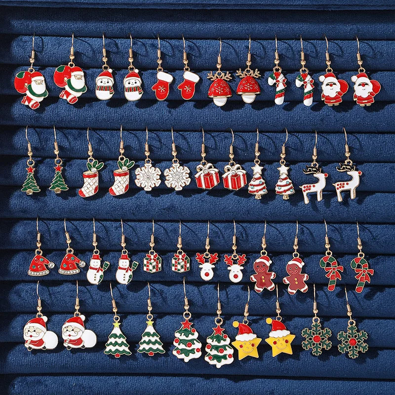 25Pairs/5Pairs Christmas Series Earrings Cartoon Santa Claus Gingerbread Man Snowflake Alloy Earrings Set Women Christmas Gifts