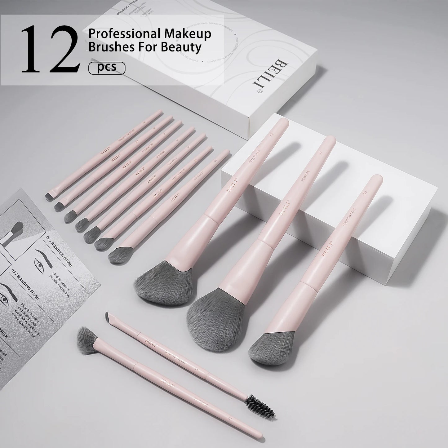 BEILI 12/15 PCS Professional Makeup Brushes Sets Vegan Premium Cosmetics Tool Kakubi Podwer Angled Contour Blush Eyeshadow Brush