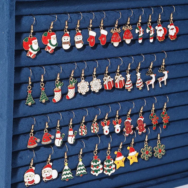 25Pairs/5Pairs Christmas Series Earrings Cartoon Santa Claus Gingerbread Man Snowflake Alloy Earrings Set Women Christmas Gifts