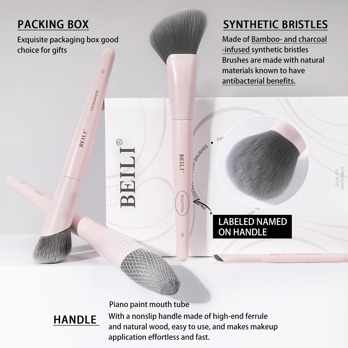 BEILI 12/15 PCS Professional Makeup Brushes Sets Vegan Premium Cosmetics Tool Kakubi Podwer Angled Contour Blush Eyeshadow Brush