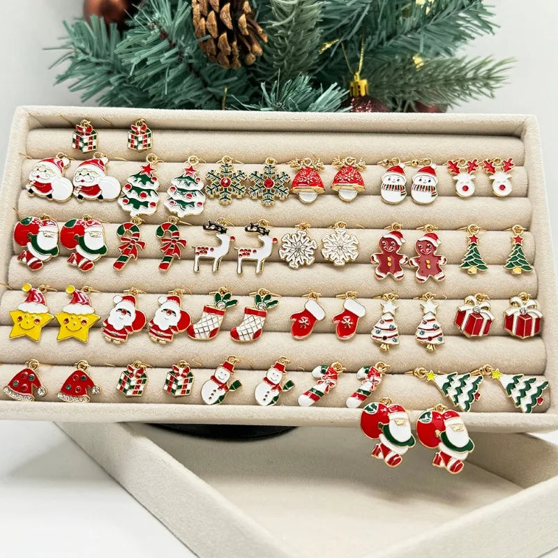25Pairs/5Pairs Christmas Series Earrings Cartoon Santa Claus Gingerbread Man Snowflake Alloy Earrings Set Women Christmas Gifts