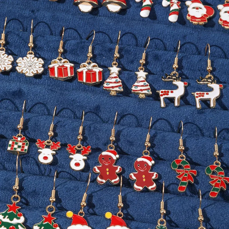 25Pairs/5Pairs Christmas Series Earrings Cartoon Santa Claus Gingerbread Man Snowflake Alloy Earrings Set Women Christmas Gifts