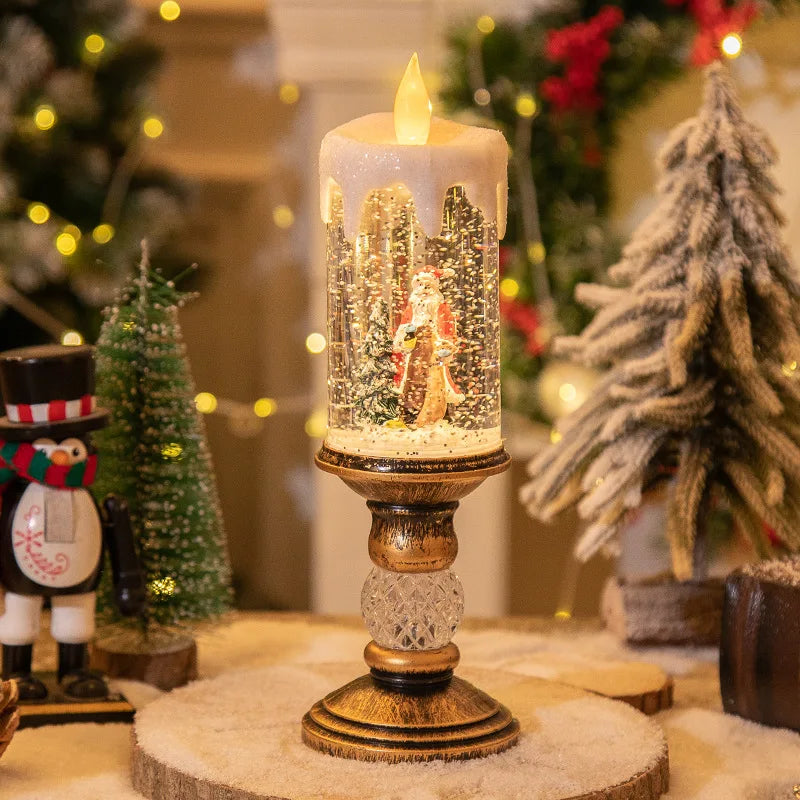 Christmas decorations: candles, crystal lights, cartoon snowflakes, birthday and Christmas gifts, scene setups