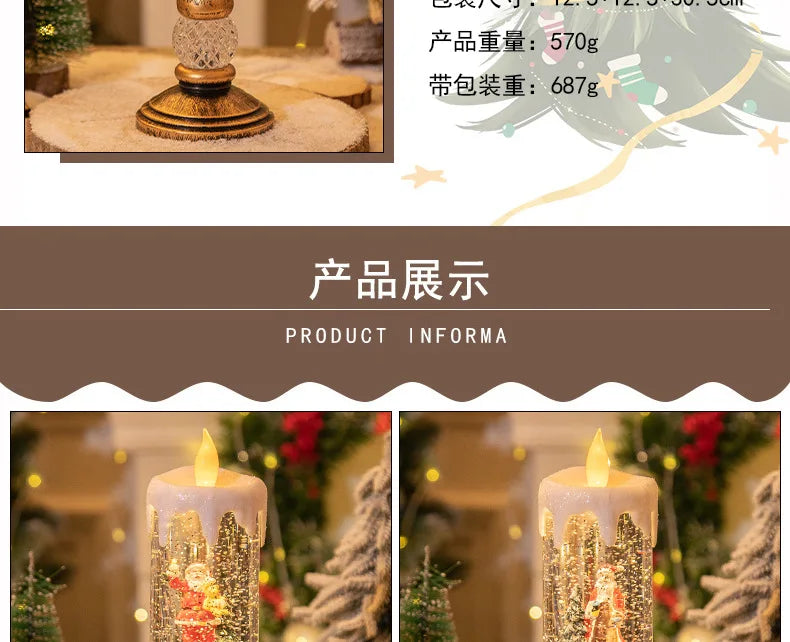 Christmas decorations: candles, crystal lights, cartoon snowflakes, birthday and Christmas gifts, scene setups