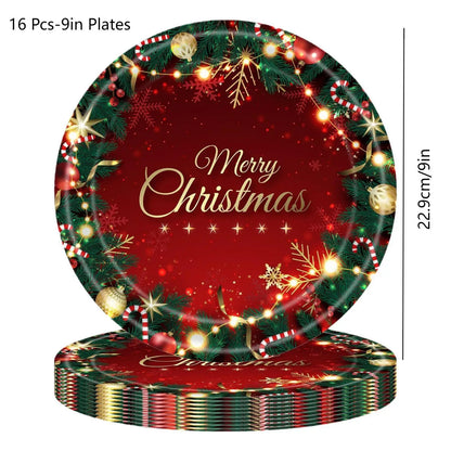 Christmas Party Supplies,Disposable Party Dinnerware Include Paper Party Plates, Cups, Napkins, Tablecloth
