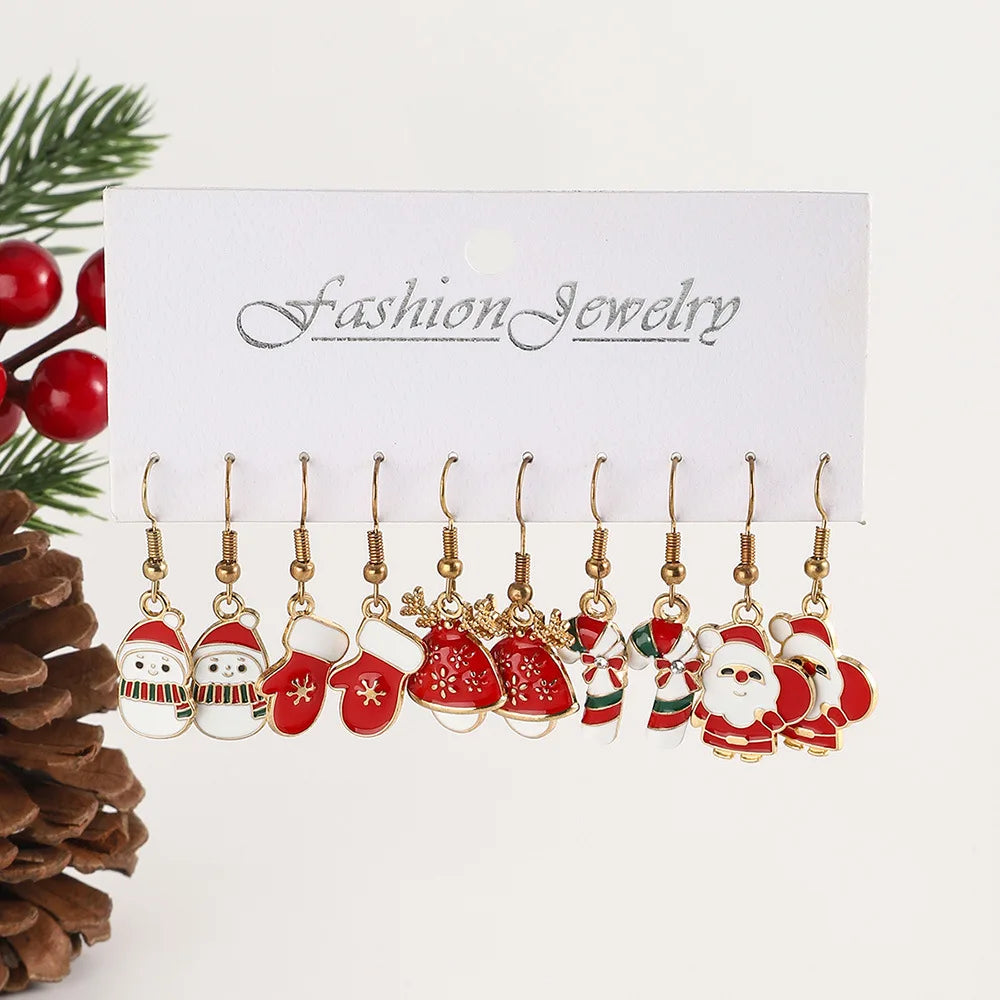 25Pairs/5Pairs Christmas Series Earrings Cartoon Santa Claus Gingerbread Man Snowflake Alloy Earrings Set Women Christmas Gifts