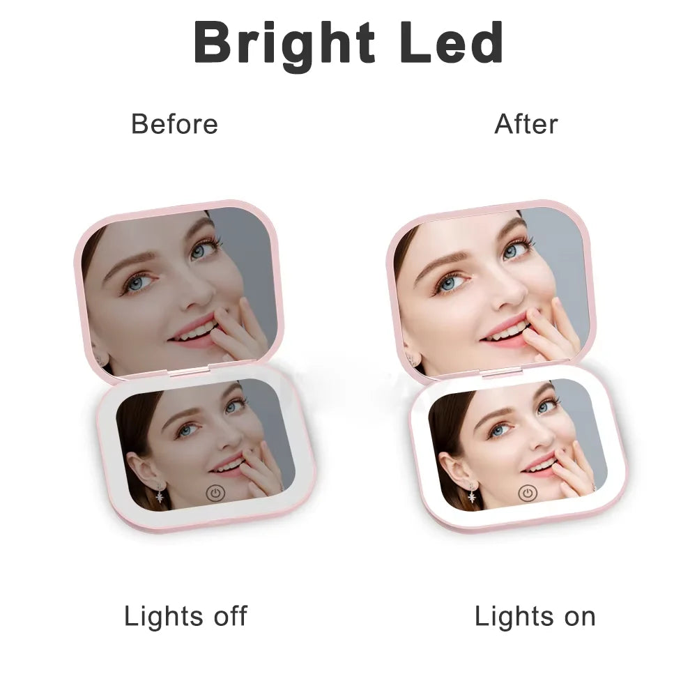 Compact Mini Gift Vanity Folding Cosmetic Mirror with Lights Portable Hand Held Small Pocket Travel Makeup Mirror 2X magnifying