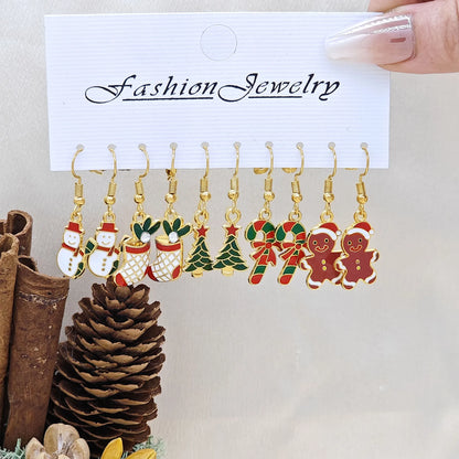 25Pairs/5Pairs Christmas Series Earrings Cartoon Santa Claus Gingerbread Man Snowflake Alloy Earrings Set Women Christmas Gifts