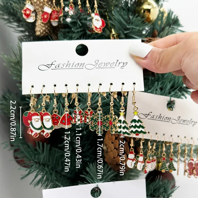 25Pairs/5Pairs Christmas Series Earrings Cartoon Santa Claus Gingerbread Man Snowflake Alloy Earrings Set Women Christmas Gifts