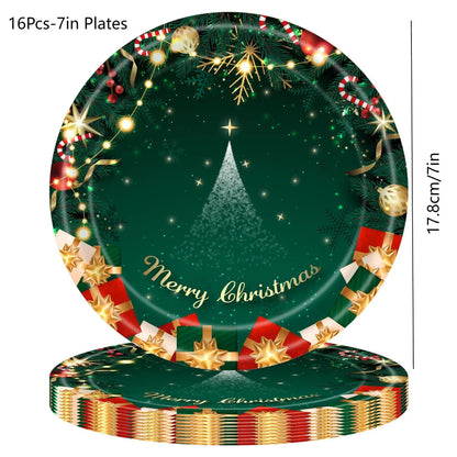 Christmas Party Supplies,Disposable Party Dinnerware Include Paper Party Plates, Cups, Napkins, Tablecloth