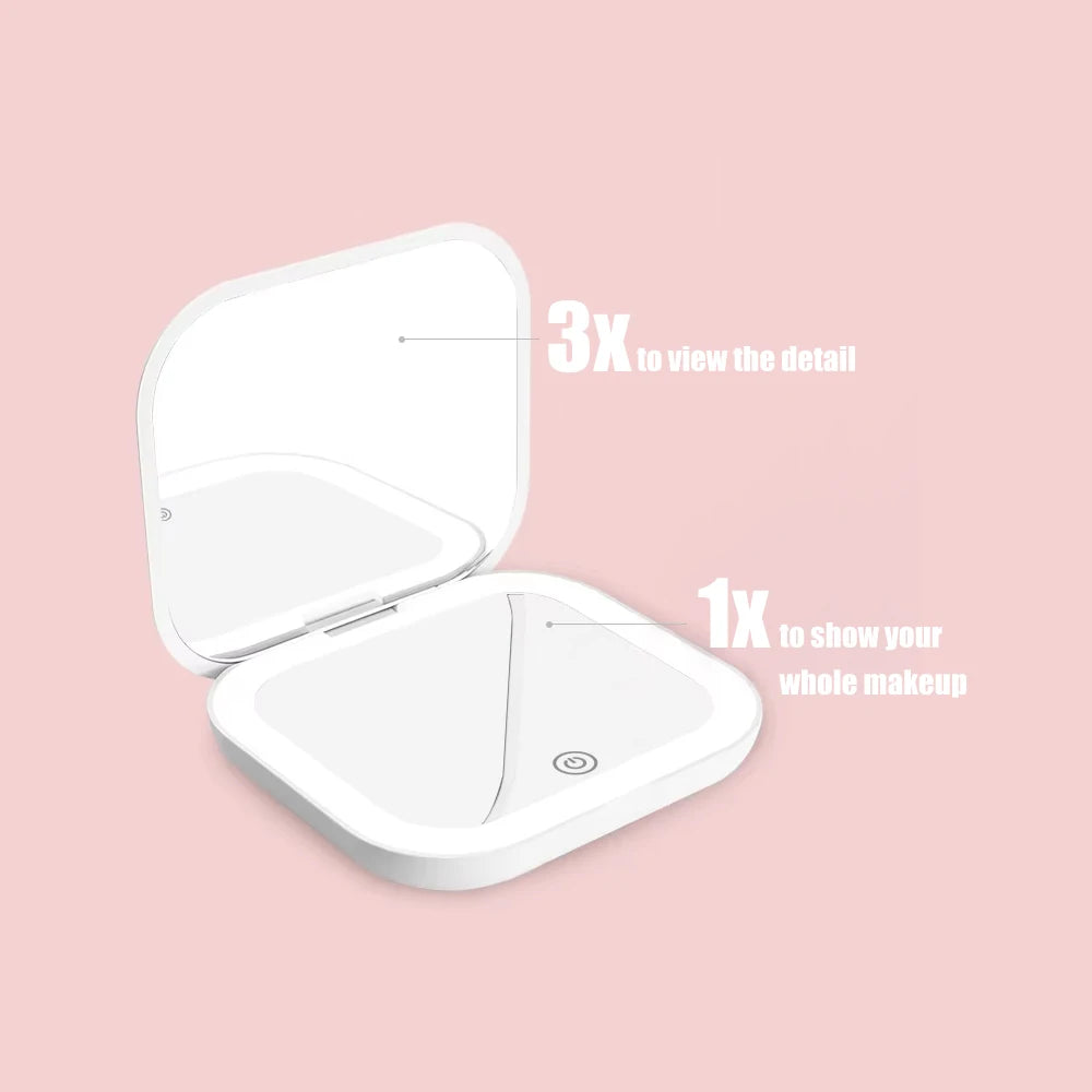Compact Mini Gift Vanity Folding Cosmetic Mirror with Lights Portable Hand Held Small Pocket Travel Makeup Mirror 2X magnifying